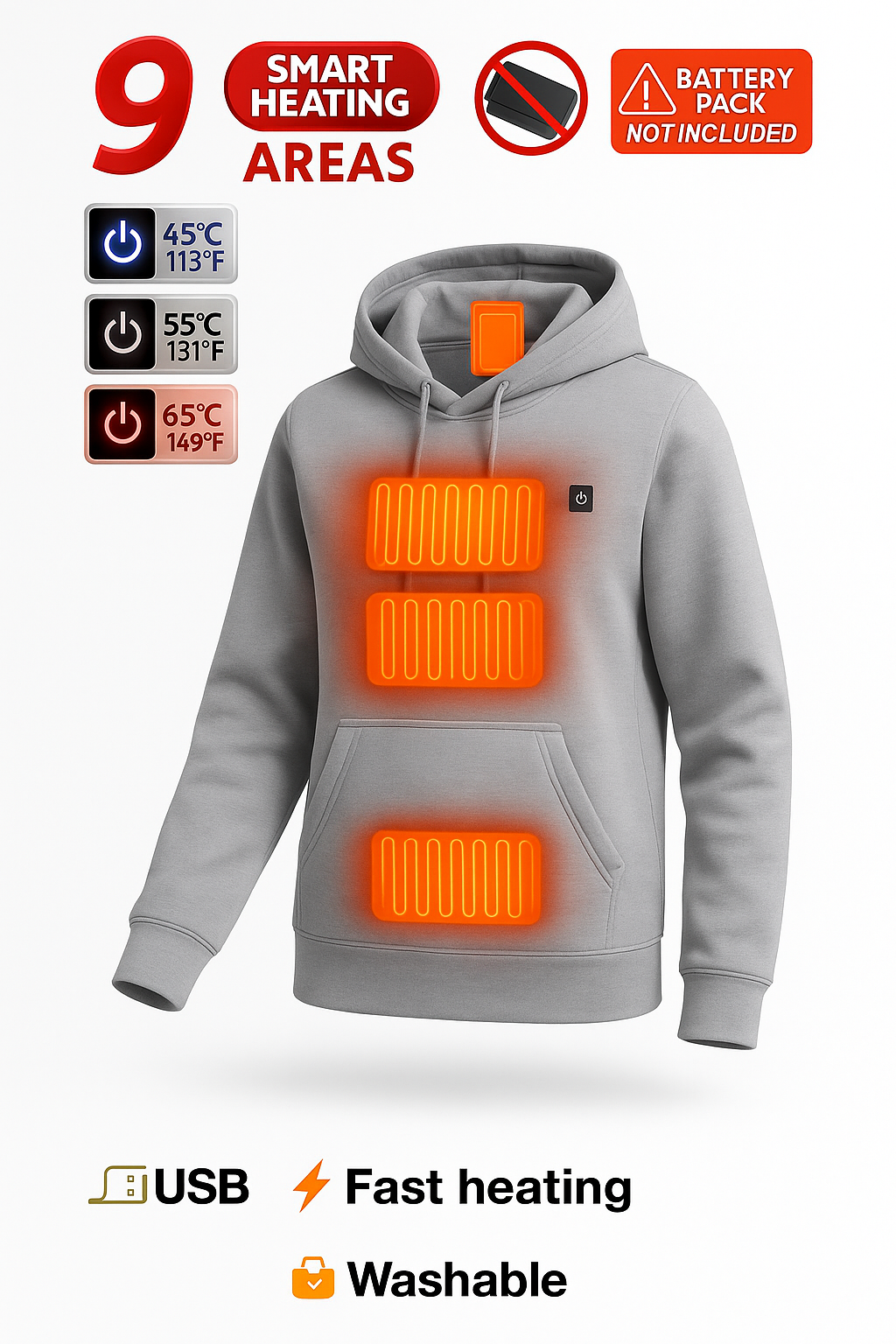 Winter Men'S and Women'S USB Heated Hoodies Cotton Zipper Pocket Wool Thick Lovers Fall/Winter Heating Casual Hoodies