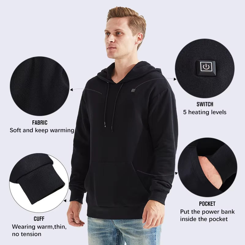 Winter Men'S and Women'S USB Heated Hoodies Cotton Zipper Pocket Wool Thick Lovers Fall/Winter Heating Casual Hoodies