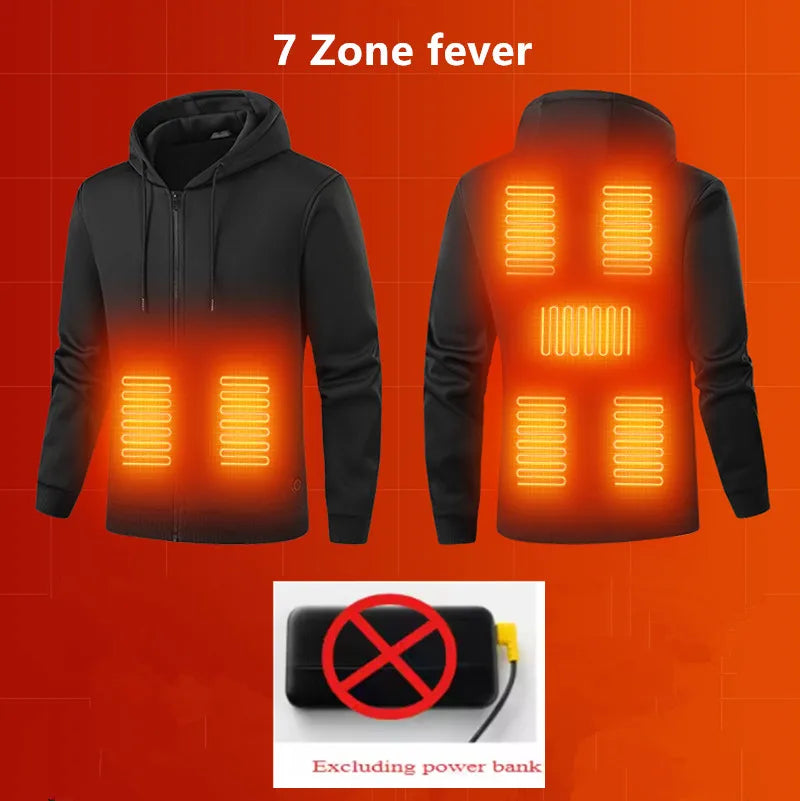 New Winter Usb Port Intelligent Heating Warmth Men'S Hooded Sweatshirt 7 Zones Heating Outdoor Cold Resistant Cardigan Jacket